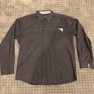 SOMETHING STRONG men’s black button down shirt.